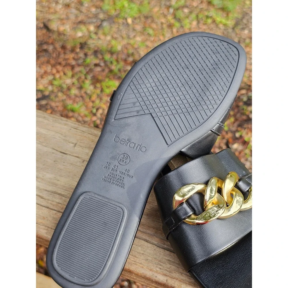 Beira Rio Womens Black Gold Chain Slide Flat Slip On Sandals Size 10 Brazil